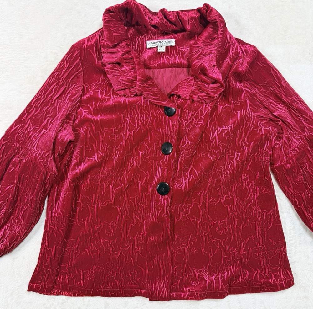 Andria Lieu Crushed Velvet Jacket Red Magenta Ruffle Collar Button Top Womens M